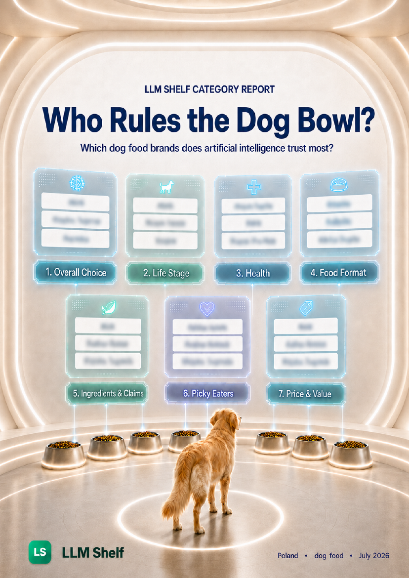 Cover of the LLM Shelf report on dog food recommendations in Poland